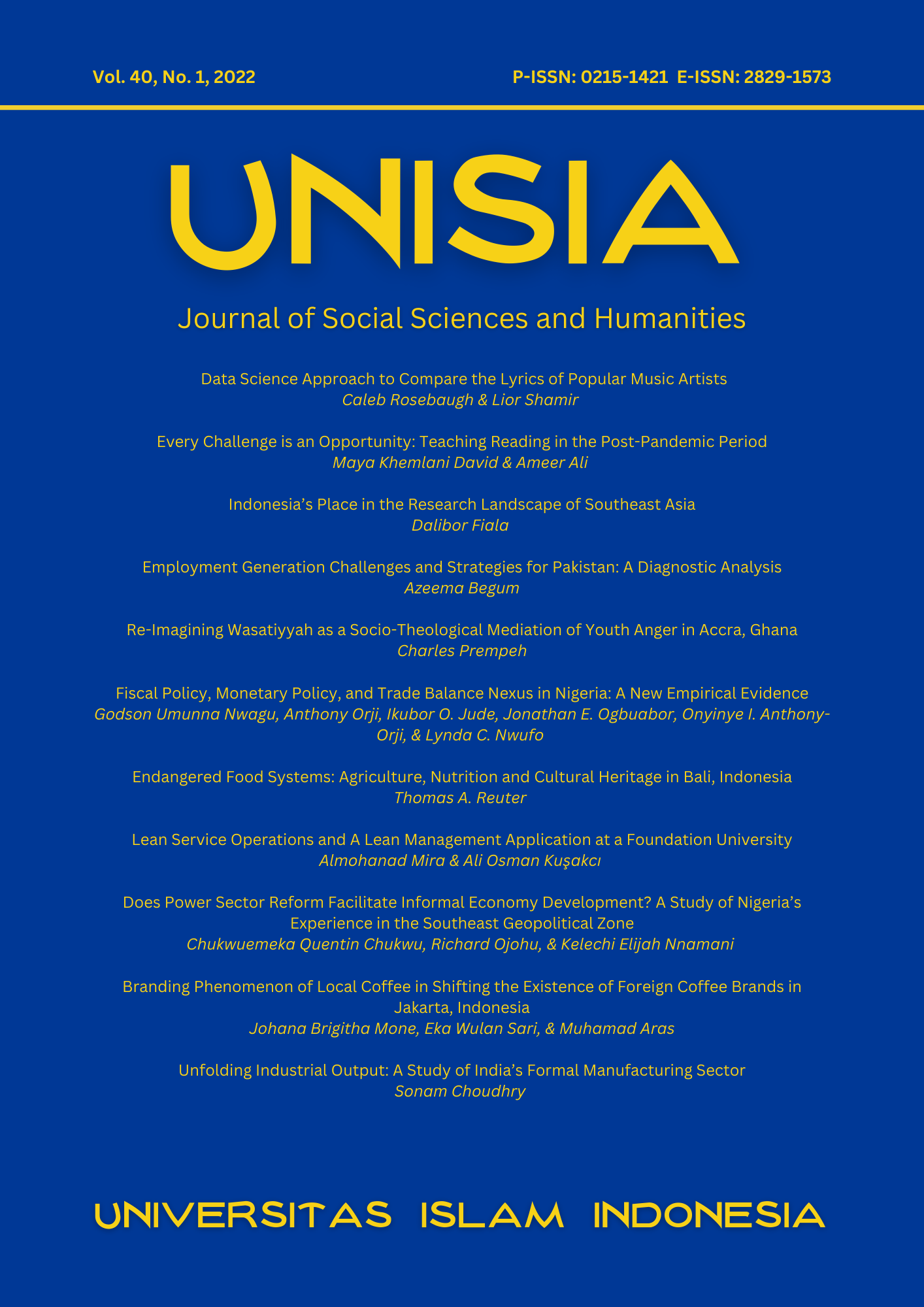 Cover Unisia Vol 40 No 1 2022