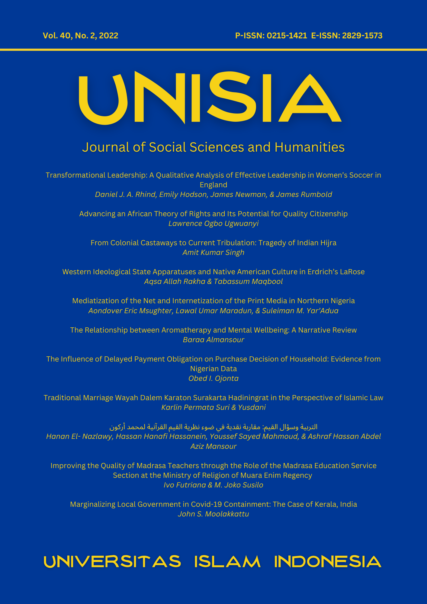 Cover Unisia Vol 40 No 2 2022